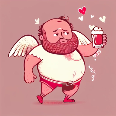 nthropomorphic bearded beer belly man with fairy wings, Beer Cupid, Drunk, red and pink, cartoon doodle, funny, cute, valentines day art, no words, vector clip art, detailed lines, plain background