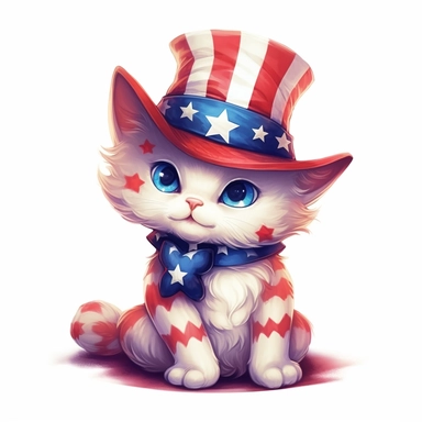 american flag day, clipart, a beautiful cartoonic cat wearing american hat, bow, beautiful, realistic, cute, white background - @AmeerHamza (relaxed) Image