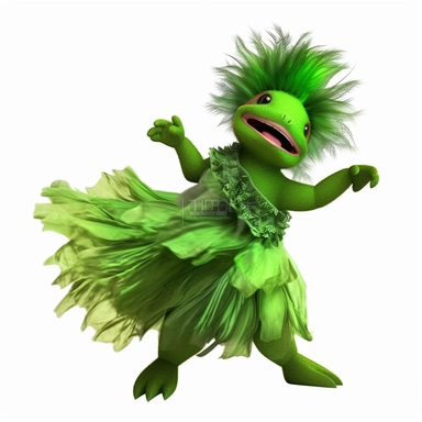 green baby girl Godzilla, looks like an alien, doing high step dance moves, wearing a designer dress made from Phoenix feathers , ultra high fashion, wearing ruby neck scarf, techno lighting, disney cuteness, plain white background, cutout clipart