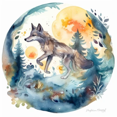 Transport yourself to a whimsical realm as you create a captivating watercolor clipart illustration of a baby wolf leaping high and playing alone in the mystical depths of the jungle. Embrace the enchanting allure of watercolors to infuse the artwork with a sense of magic and spontaneity, reminiscent of the imaginative illustrations by Maurice Sendak and the lively scenes found in children's storybooks. Select a vibrant color palette, blending deep greens, earthy browns, and bursts of vibrant hu