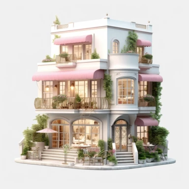 Lovely pink French cafe with a vintage - inspired charm. The exterior is adorned with pink floral accents and classic French signage. Inside, the cafe offers a cozy and nostalgic ambiance. Clipart, solid white background, Ultra - detailed, hyper - realistic, intricate detail