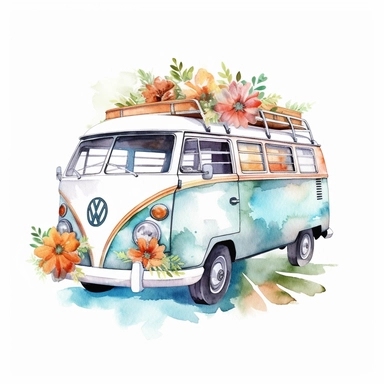 vw bus travel beach hauling flowers watercolor clip art white background