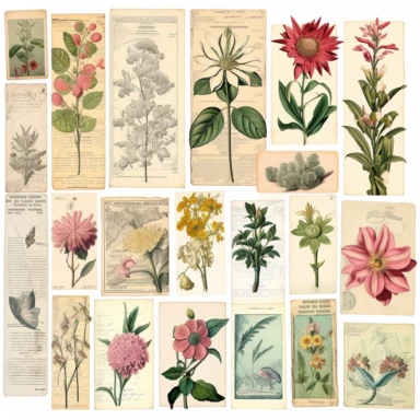 Craft vintage-inspired printable ephemera for junk journals featuring botanical illustrations, vintage advertisements, and newspaper clippings. Clipart isolated on solid white