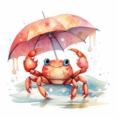watercolour cute crab clipart in a playful pose or engaging in beach-related activities