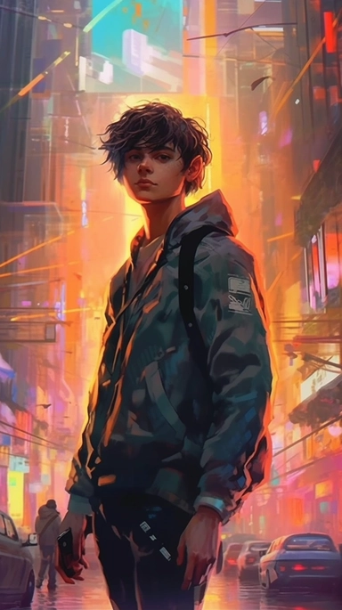 beautiful stunning pretty vintage cyberpunk anime boy, paint art style, clipart, city landscape background, superrealistic, one of a kind