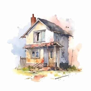 watercolour small broken and abandoned house, clipart on white background, no watermark, highly detailed, professional color gradation, clean sharpness