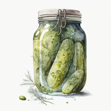Watercolor hyperrealistic and highly detailed vintage jar of dill pickles, clipart, white background
