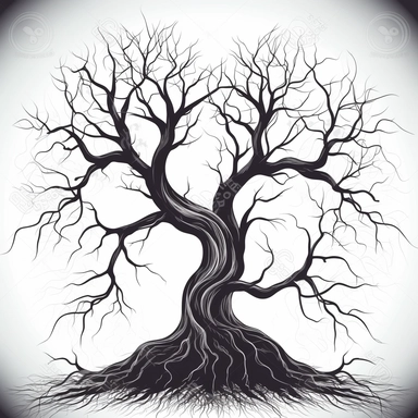 A spooky tree with gnarled branches and twisted roots, casting eerie shadows on the ground. The tree has a whimsical and slightly spooky feel, perfect for Halloween-themed scenes. full moon above and behind the tree. White background, vector, cartoon clipart, contour.