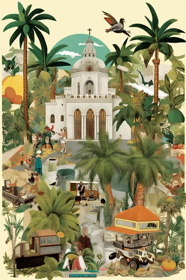a fancy millennial modern loose illustrated collage of icons and clip art depicting oaxaca mexico, colonial church, mountain, beach palms, agave plant, food, green/gold background in the style of The new yorker magazine, in the style of vanity fair