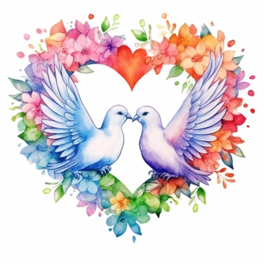 rainbow watercolor clipart of wedding doves kissing inside a floral heart wreath, colored ink illustration, good composition, vector, contour, isolated white background, 26k