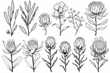 clip art frame waratah, wattle, eucalyptus, protea, kangaroo paw, fineline, outlines, continuous lines, blind contour, white background, hand-drawn, sketch, monochrome, simple line art, crisp lines, vector, minimalist