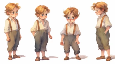 Watercolor , illustrations clipart, character sheet ,cute little boy  Hansel EDIM ( hansel character from the hansel and gratel fairy tale) in poor clothing, various emotions--seed 900