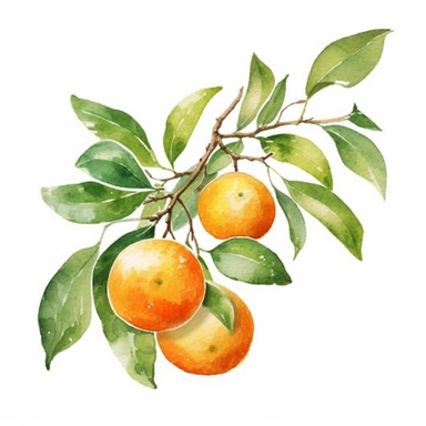 A delicate watercolor clipart of a clementine branch, with green leaves and several orange fruits hanging from it, painted in soft shades of orange and green, set against a white background, Watercolor painting, using high-quality watercolor paper, soft brushes, and various shades of orange and green paint pigments,