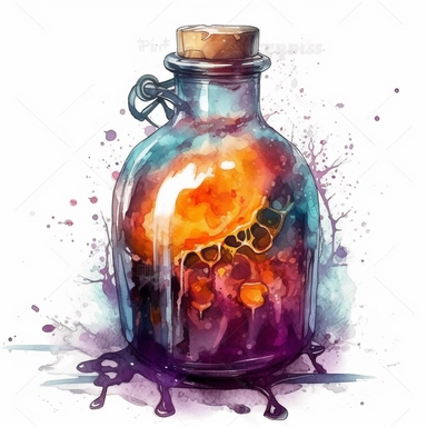 realiscitc clipart of witch`s boiled potion in bottle, digital painting, white background