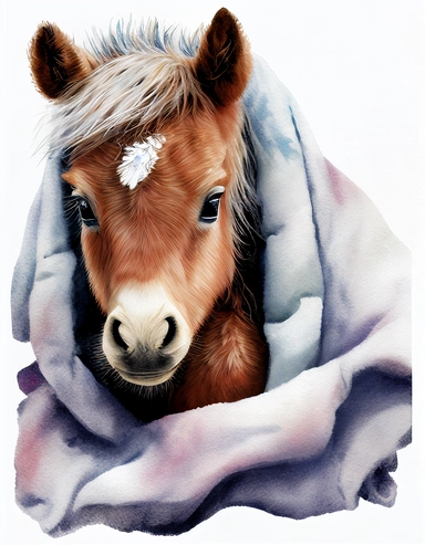 baby horse in a blanket, watercolor clipart, transparent background,
