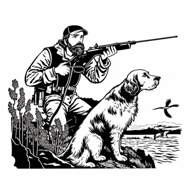 retro cartoon comic of Duck hunter taking aim with his rifle accompanied by an Irish Setter Dog, black and white vintage art clipart illustration, white background