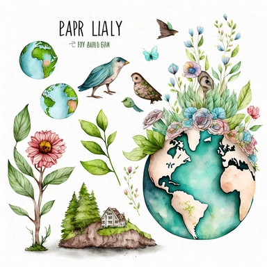 earth day clipart with watercolor illustration,8k,etsy style