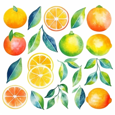 9 vibrant watercolor citrus leaves individual elements clipart, in the style of spectacular backdrops, playful whimsicality, playful motifs, colorful whimsy, clipping art