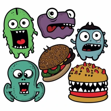 a set of black line clipart inspired by fast food and vampires and muppets and Funko Pop toys