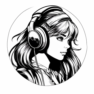 black&white manga 90's style draw, clear line, vector, clipart, logo, young girl from profile, whit big headphones on head, soundwave in background
