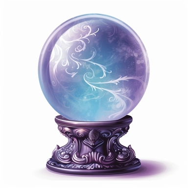 Create an enchanting clipart of a mystical crystal ball against a pristine white background. The crystal ball should have a soft, ethereal glow, held within an intricately carved pedestal. Depict swirling mists and vivid visions within the crystal ball's translucent depths.