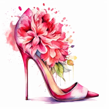 watercolor clipart of vintage pink high heel shoes, floral, color pencil drawing, nice composition, vector, outline, isolated white background, 16k
