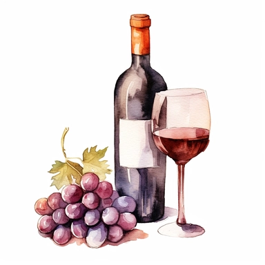 Watercolor illustration of wine bottle, wine glass, grapes, tuscan style, 2d asset, isolated cozy object on white background, warm cozy colors, white background, watercolor, hyperrealism, high detail, isolated elements, clipart