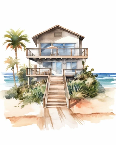 Watercolor clipart huge beach house, wide angle, long shot, realistic, isolated on white background
