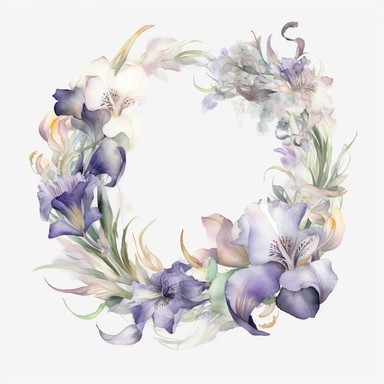 watercolor Irises wreath on white background, in the style of muted and subtle tones, intricate floral arrangements, uhd image, subtle realism, asymmetrical framing, fawncore, wedding clipart, floral accents, no background