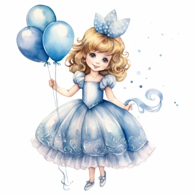 watercolor little princess clipart, blue tone colors, big eyes, smiling, lovely, adorable, wearing crown, holding a baloon, full body, on white background