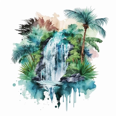 watercolor perfect detailed complicated tropical waterfall clipart with white background realistic colors, white background