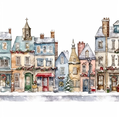 Christmas street, Ornamental watercolor, clipart, I can't believe how beautiful this is , style by Lucy Fleming, watercolor, smooth gradients, black contour outline, ultra detailed, clipart elements, delicate pastel colors, solid white background, super clear, high quality