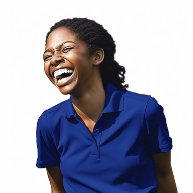 photo-realistic, waist level view of beautiful and physically fit African American woman, age 25, wearing a very stunning royal blue polo shirt, laughing at a very funny joke, waist view on white background for vector clipart
