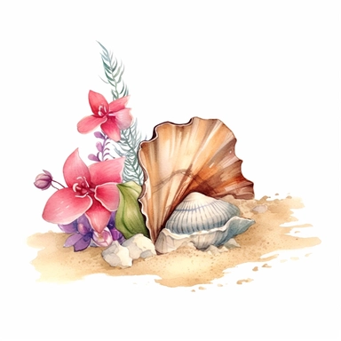 hand drawn sandy beach with a conch shell sitting in the sand, orchid bloom beside the conch shell, glamorous, clipart style, detailed and realistic, watercolor, white background with margins
