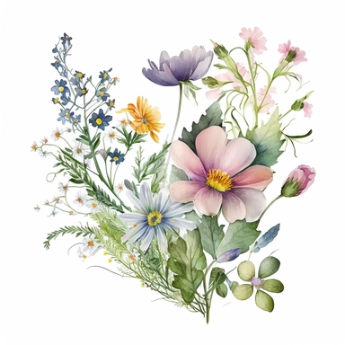 april wild flowers delicate Arrangement, watercolor, white background, feminine, clipart