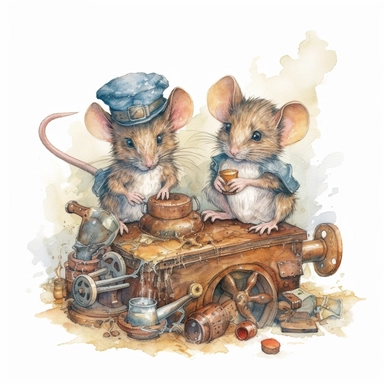 Two mischievous mice tinkering with a miniature steam-powered engine, surrounded by tiny tools and scattered blueprints. Watercolor clipart in HD on a white background.