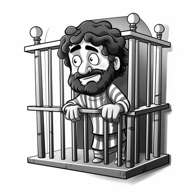 cute black and white clipart of paul in the bible in prison in rome, suitable for a childrens book