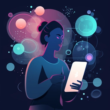 A cartoon of a Futuristic Communication: A person using a smartphone or a holographic display, with chat bubbles representing a conversation with an AI assistant. A modern, sleek design with a cool color palette (blues, grays, and whites) to emphasize the technological aspect of the book., vibrant colors, dark background, modern minimalist clipart