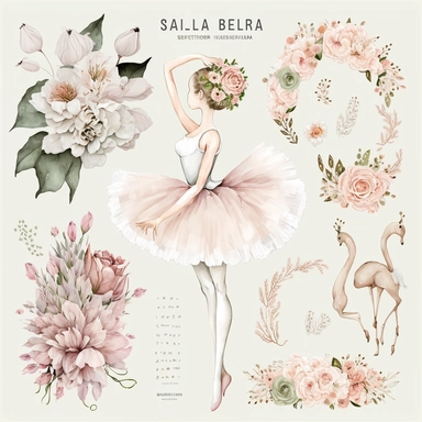 Ballerina Fashion Girl Clip Art Watercolor Clipart Ballet Dance Swan Dancer Tutu Pointe Shoes Flowers Hand Drawn Planner Sticker Graphics on white background with margins