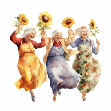Watercolor Funny old ladies clipart . Women dancing,Sunflowers white background