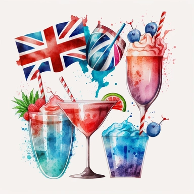 5 colourful vibrant summer british cocktail drinks, red an blue birthday balloons, an extra large gold king crown, waving union jack flags, symbolic icons, buntings, detailed pencil watercolor illustration clipart pure white background #FFFFF