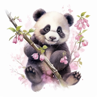 a cute happy laughing baby panda sitting proudly on a pink sakura branch, teacher, with a few spring blossoms and leaves framing the scene, vivid colors, watercolor by thomas w. shaller, clipart, white background, no watermark, 8k, super resolution, megapixel