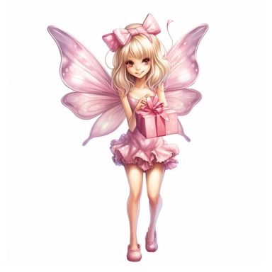Fairy Clipart, Japan Anime style, beautiful smiling cute fairy holding a birthday gift, full body, on white background