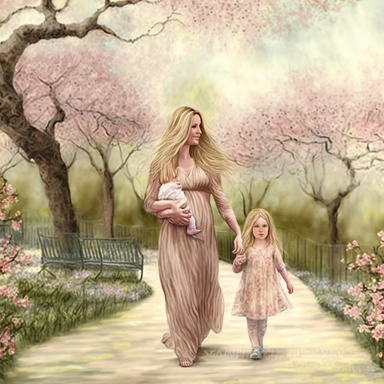 beautiful young pregnant mother with long beautiful blonde hair, toddler daughter with long beautiful hair, both facing forward, holding hands walking in park, flowering trees, path lined with benches, highly detailed, detailed face, realistic, fantasy, ethereal, soft colors, sharp focus, clipart style, fix dress