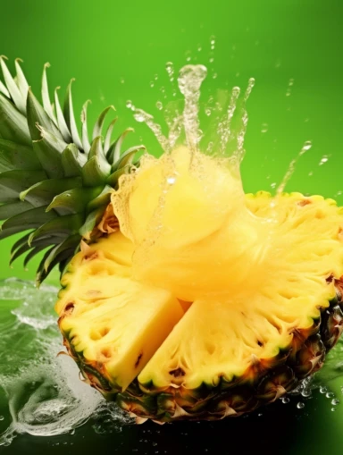 pineapple, fresh, juice splash, delicious temptation, green leaves, table background, food photography, canon camera, 8K, close up
