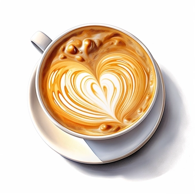 Isometric illumination of commercial shot of ultra - realistic watercolor painting of a really delicious coffee, latte art heart clipart, good looking food, delicious, yummy, foodie, healthy, white background no text, isolated on white, watercolor illustration, award winning, strong and sharp lines, upscale