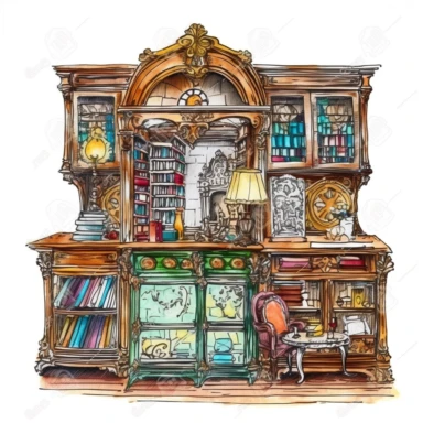 realistic victorian home library, watercolor, rococo, bright colors with, black outlines, contour, vector, clipart, white background, hd