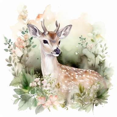 Watercolor clipart of a graceful woodland deer, its soft beige coat touched with spots of white, gently sipping from a clear brook, environment brimming with vivid spring flowers and vibrant green foliage, an atmosphere of tranquility and the renewal of life, Illustration, digital watercolor using a textured brush for a hand-painted effect,