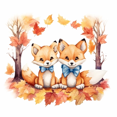 Sweet baby foxes nestled in a bed of colorful leaves, peeking out from behind a tree, or wearing a cute bowtie clipart