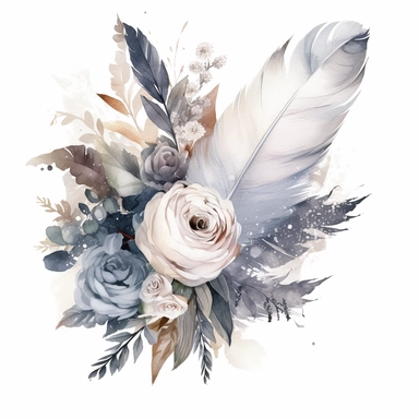 Watercolor dusty greay and white feathers bouquet clipart white background no text wedding style thick outline eligible for transparent background